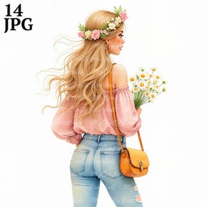 14 Ragazza alla moda con fiore in jeans Clipart Acquerello Clip art JPG, Download immediato, Diario spazzatura, Artigianato di carta, Vista posteriore, Capelli lunghi e ondulati