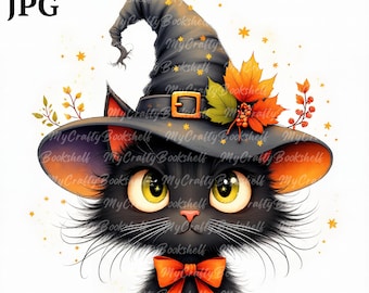 Watercolor Halloween Black Cat Clipart Bundle (PNG)