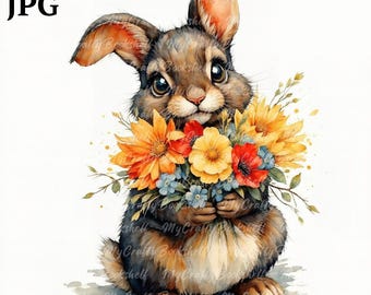 Bunny Clipart: Watercolor Rabbit with Flowers (Digital Download)