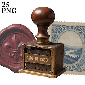 25 imágenes prediseñadas de cartas y postales antiguas, imágenes prediseñadas de sellos vintage, salpicaduras de tinta PNG para diarios basura, álbumes de recortes, descarga digital