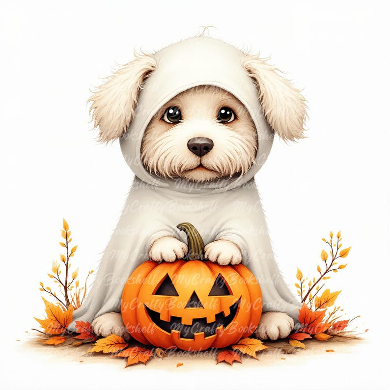 Ghost Dog Halloween Clipart: Watercolor Puppy PNG Bundle (digital ...
