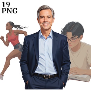 19種類の多様な人々のイラスト、全年齢対象のプロフェッショナル学生向けイラストPNG、商用利用可、デジタルダウンロード、工芸品