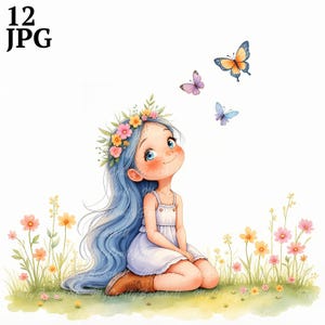 12 JPG original fille arc-en-ciel avec papillon Clipart, tout usage commercial, éphémères fantaisistes aquarelle fille Clipart, téléchargement immédiat, créations en papier