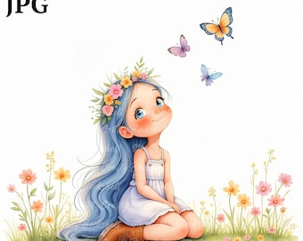 Rainbow Girl Butterfly Clipart: Whimsical Watercolor PNG (Commercial Use)