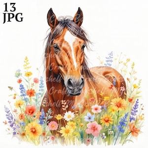 13 Floral Horses In flowers Clipart, Printable Watercolor clipart, High Quality JPGs, Digital download, Sublimation, junk journals