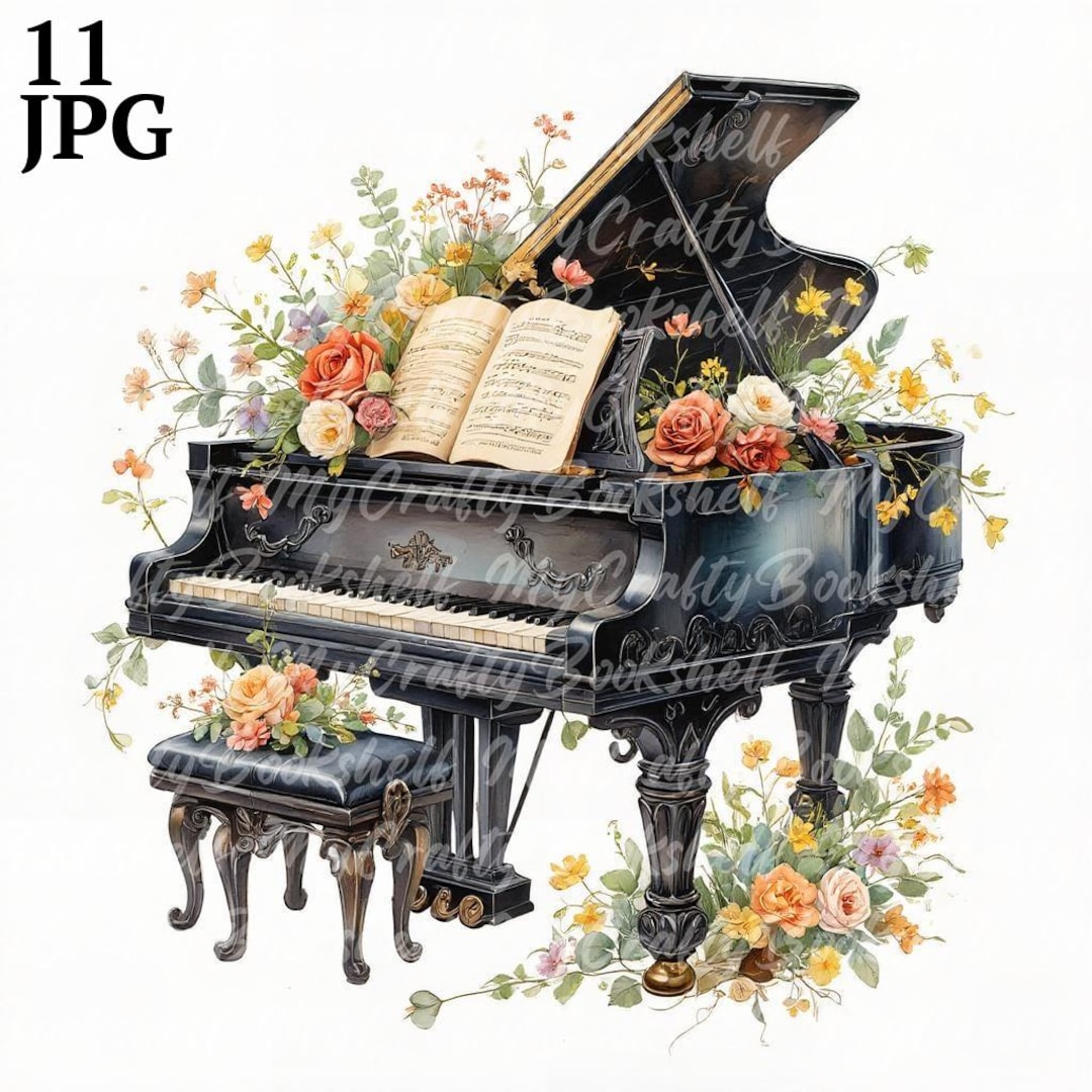 Floral Grand Piano Watercolor Clipart: High-resolution PNG