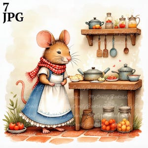 7 Mommy Mouse Preparing Food Clipart, simpatici animali JPG di alta qualità - Download digitale - Creazione di biglietti, regalo per bambini, uso commerciale, arte murale