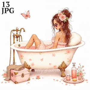 13 Clipart donna in bagno, bagno shabby chic, clipart acquerello stampabile, JPG di alta qualità, download digitale, artigianato di carta, diario spazzatura