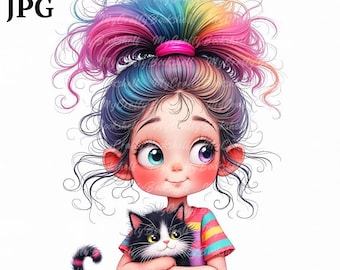 Quirky Girl Clipart: Watercolor Girl with Cat & Puppy (PNG, Instant Download)