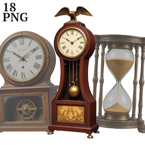 18 Antique Clocks Clipart, Vintage Clock Clip Art Kit, High Res PNG for Junk Journaling, Scrapbook, Crafts, Digital Download, Commercial Use