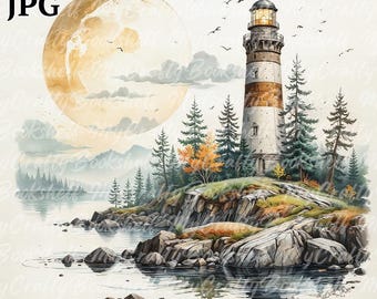 Watercolor Lighthouse Clipart: High-Resolution PNGs (Digital Download)