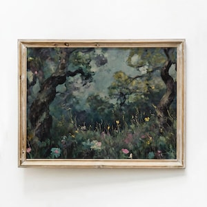 Impressionistische Moody Forest Art Print | Vintage schilderij donkere natuur, herfst Cottagecore-muurdecoratie afdrukbaar afbeelding 6