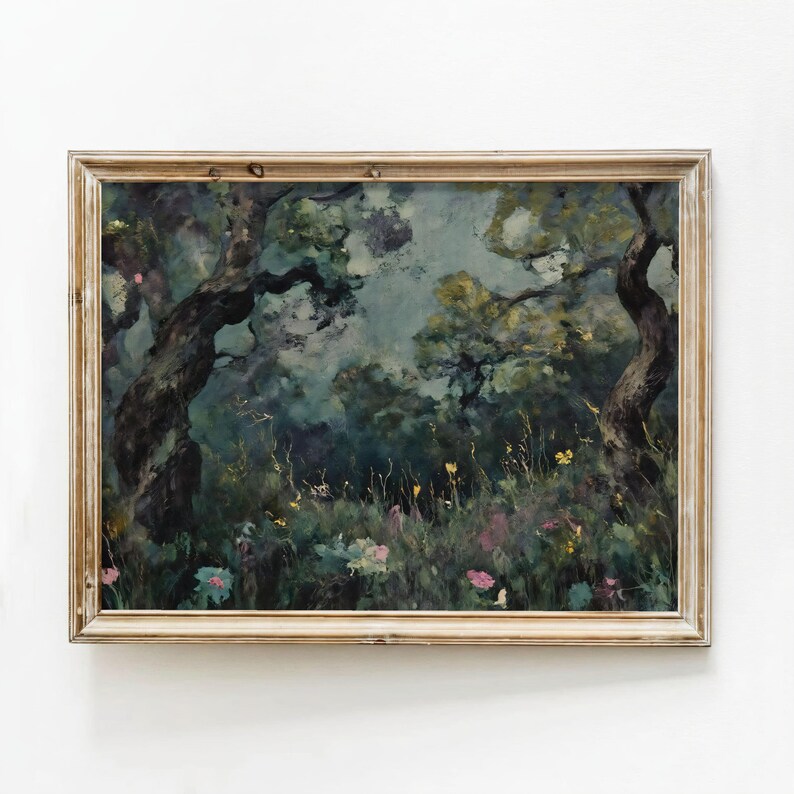 Impressionistische Moody Forest Art Print | Vintage schilderij donkere natuur, herfst Cottagecore-muurdecoratie afdrukbaar afbeelding 6