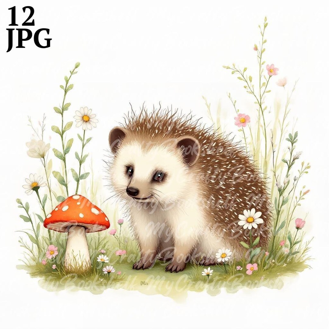 ハリネズミのクリップアート：水彩画の草原の動物たち（デジタル