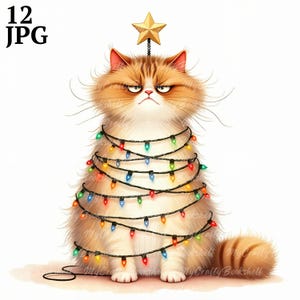 Watercolor Cat Christmas Tree Clipart: Whimsical PNG Images (Digital Download)