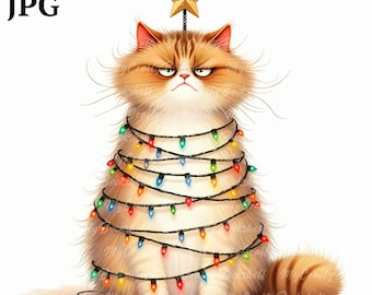 10 JPG 風変わりな猫のクリスマスツリー クリップ アート、水彩画