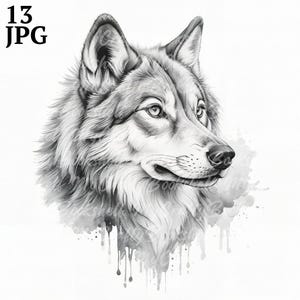 Tribal Wolf Clipart: Black and White Watercolor PNGs (Digital Download)
