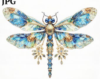 Jeweled Dragonfly Clipart: Watercolor Gemstone PNG (Digital Download)