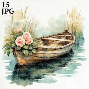 15 Floral Boat Clipart, Wooden Boat Clipart, Printable Watercolor clipart, High Quality JPG, Digital download, Paper craft, junk journals