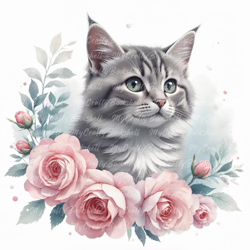 花柄猫クリップアート：水彩バラ PNG（デジタルダウンロード） - Etsy 日本