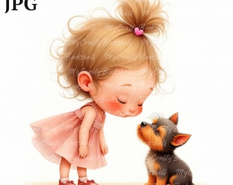 9 Best Friends Girl With Dog Clipart -JPGs, Dog Lover, Cute Baby girl, Watercolor Girl with Puppy Clipart, Dog Lover Pet Clipart