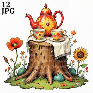 12 Clipart magiche del bosco, Clipart del Tea Party, Clipart acquerello stampabile, JPG di alta qualità, Download digitale, Carta artigianale, diario spazzatura
