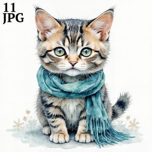 11 スカーフを巻いた子猫のクリップアート、猫のクリップアート、印刷可能な水彩画のクリップアート、高品質の JPG、デジタル ダウンロード、ペーパー クラフト、ジャンク ジャーナル