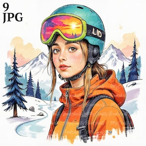 9 cliparts de ski, casque, impression de lunettes de ski, clipart aquarelle imprimable, fichiers JPG de haute qualité, téléchargement numérique, créations en papier, journaux intimes