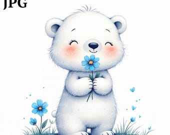 Clipart de oso polar en acuarela: Flores PNG (Descarga digital)