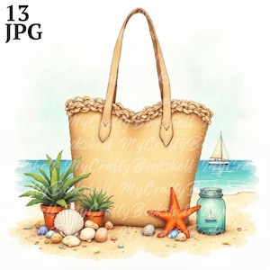 13 Beach bag Clipart, Watercolor beach bag, Printable Watercolor clipart, High Quality JPGs, Digital download, Paper craft, junk journals