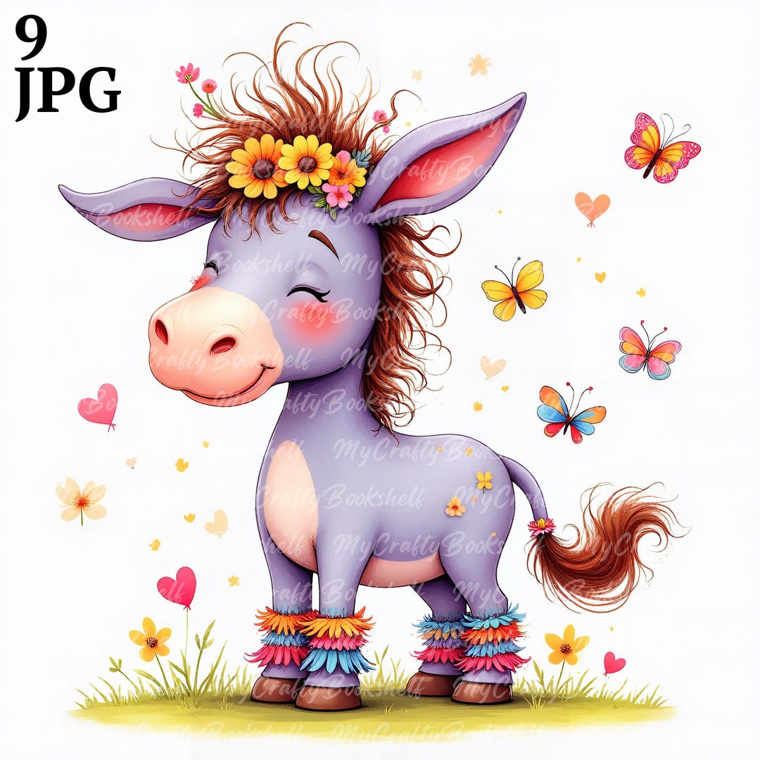 9 Frazzled Donkey With Flowers Clip Art High Res Watercolor Clipart ...