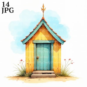 14 JPGs Clipart chaty na plaży, Użytek komercyjny, Fantazyjne efemerydy, Clipart krajobrazu plaży w akwareli, Natychmiastowe pobieranie, Cyfrowe rzemiosło papierowe
