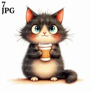Funny Coffee Cat Clipart: Quirky Watercolor PNG (Commercial Use)