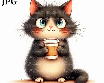 Clipart grappige koffiekat: eigenzinnige aquarel png (commercieel gebruik)