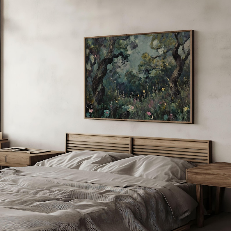 Impressionistische Moody Forest Art Print | Vintage schilderij donkere natuur, herfst Cottagecore-muurdecoratie afdrukbaar afbeelding 12
