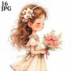 16 Clipart di ragazza con fiori, Clipart di fiori di campo, Clipart di acquerelli stampabili, JPG ad alta risoluzione, Download digitale, Lavoretti di carta, diario spazzatura