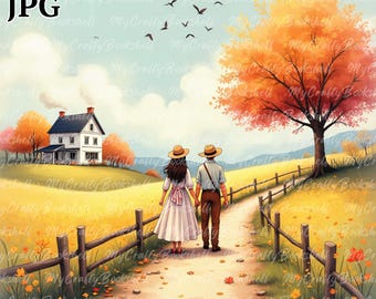 Vintage Watercolor Countryside Clipart: Rural Landscape PNG (Digital Download)