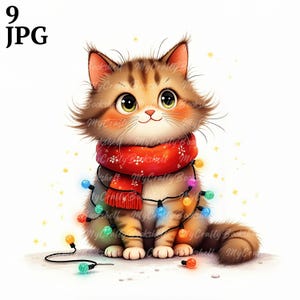 9 eigenzinnige kerstkat illustraties hoge resolutie aquarel jpg&#39;s, ongewenste journaling, scrapbooking, kaarten maken, digitale download, fantasie, grillig