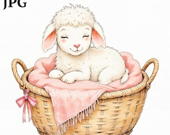 Lamb In Cradle Clipart: Watercolor Sleeping Lamb PNG (Digital Download)