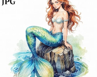 10 Watercolor Mermaid Clipart, Mermaid On Stone, Printable Watercolor clipart, High Quality JPG, Digital download, Paper craft, junk journal