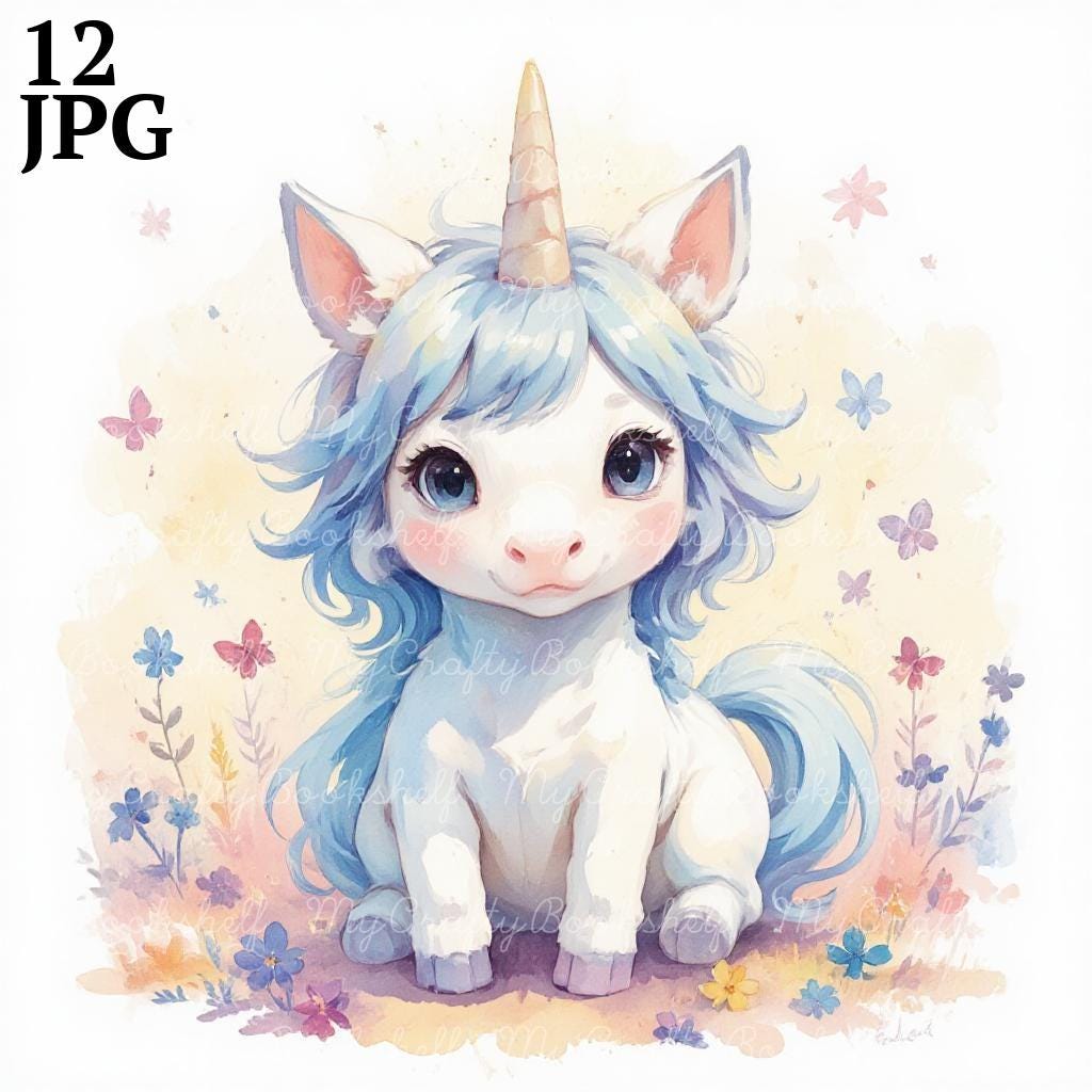 12 Baby Unicorn Clipart, Cute Clipart, Printable Watercolor Clipart ...
