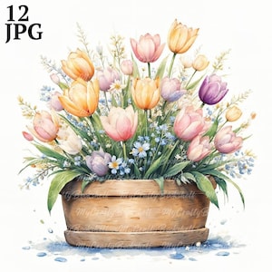 12 Frühlingsblumen Blumenbeet Clipart Set 2, druckbare Aquarell Clipart, hochwertige JPGs, digitaler Download, Papiermodell, Junk Journal