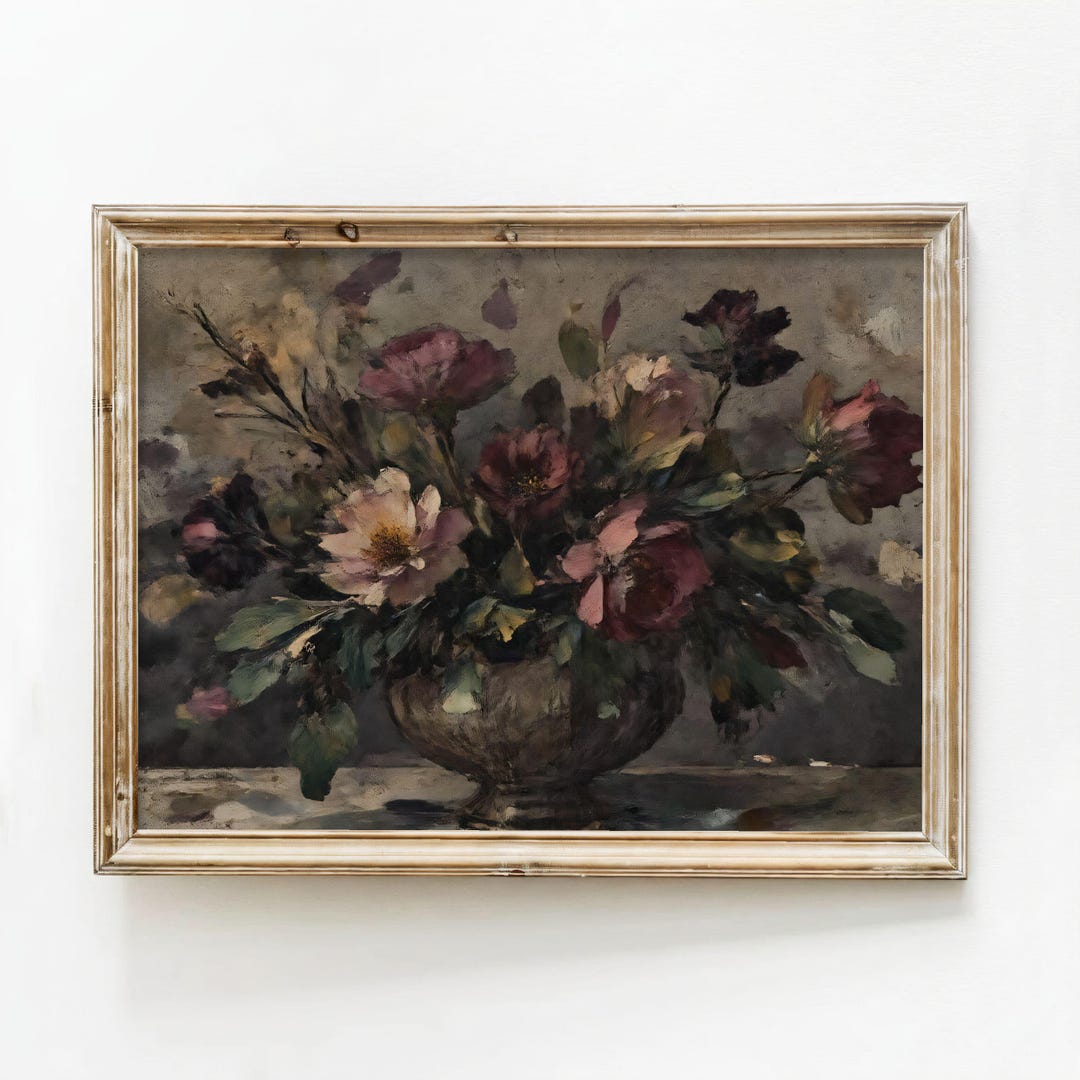 Vintage Dark Botanical Oil Painting: Moody Fall Floral Wall Art Print ...