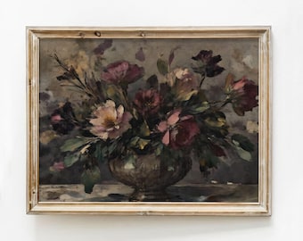 Vintage donker botanisch olieverfschilderij: Moody Fall Floral Wall Art Print, Dark Academia Esthetic Decor, Instant Download