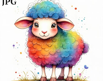 Rainbow Sheep Clipart: Funny Lamb with Glasses (PNG Digital Download)