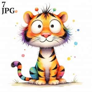 7 adorables y caprichosos tigres, divertidos, JPG de alta calidad, descarga digital, acuarela, imprimibles, licencia comercial