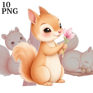 10 Clipart écureuil mignon, chambre d'enfant rose filles écureuils Clip Art PNG, tout usage commercial, scrapbooking, Junk Journal, artisanat, téléchargement numérique