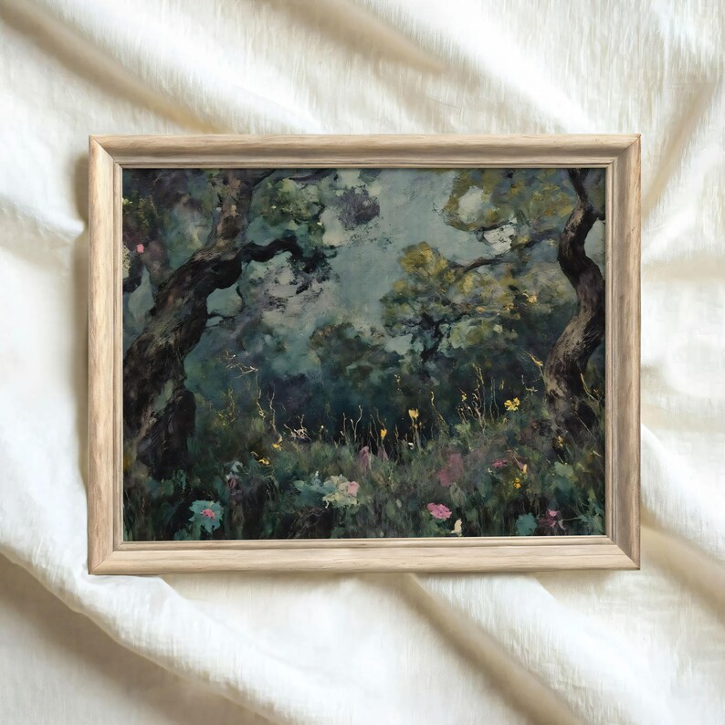 Impressionistische Moody Forest Art Print | Vintage schilderij donkere natuur, herfst Cottagecore-muurdecoratie afdrukbaar afbeelding 8
