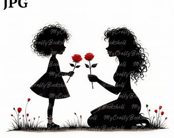 Clipart moeder en kind: zwart-witafbeeldingen Moederdag (digitale download)