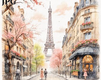 Vintage Paris Watercolor Clipart: Eiffel Tower Postcard (Digital Download)